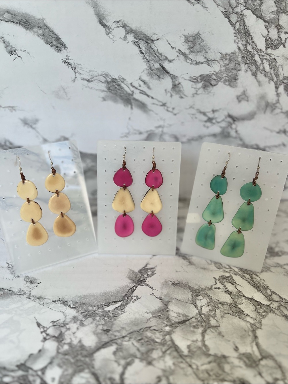 Tagua Bali Earrings Lot of 3 Cream Pink Turquoise Drop Dangle